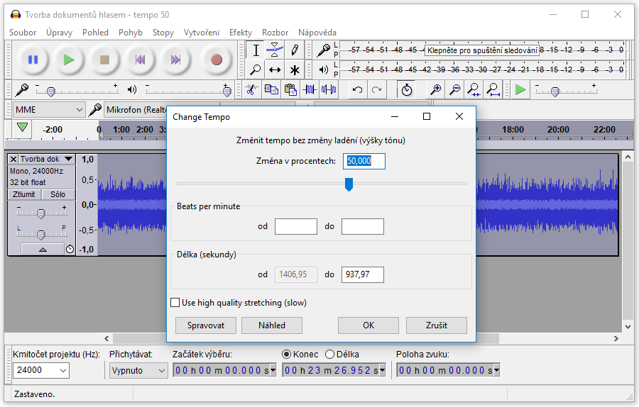 Změnit tempo a rozdělit MP3 soubor pomocí Audacity